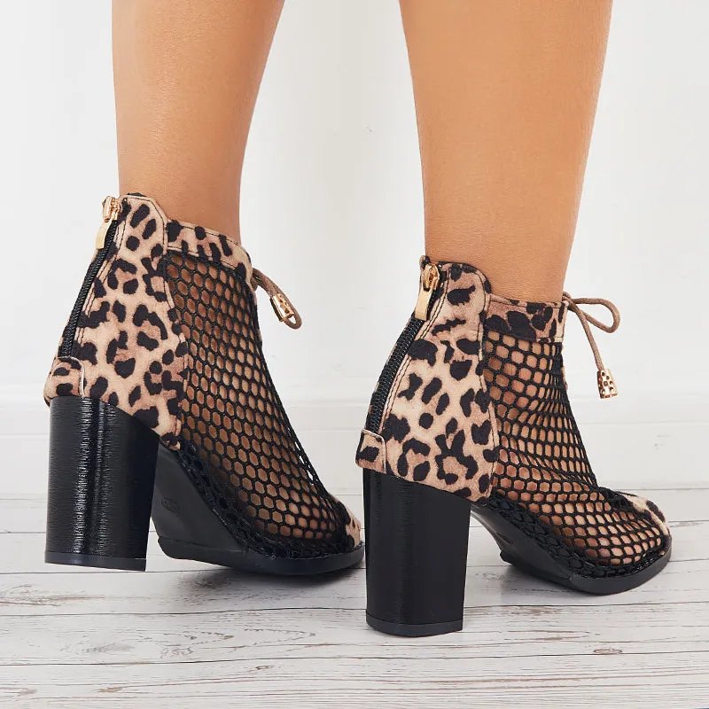 Sohiwoo Mesh Chunky Block High Heel Sandsls Peep Toe Pumps