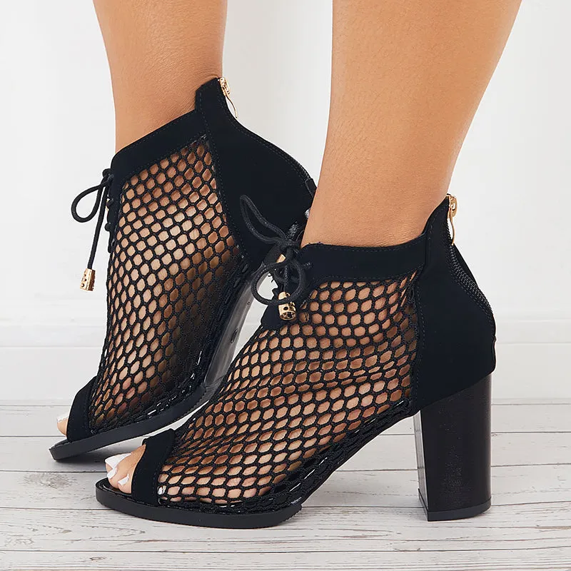Sohiwoo Mesh Chunky Block High Heel Sandsls Peep Toe Pumps