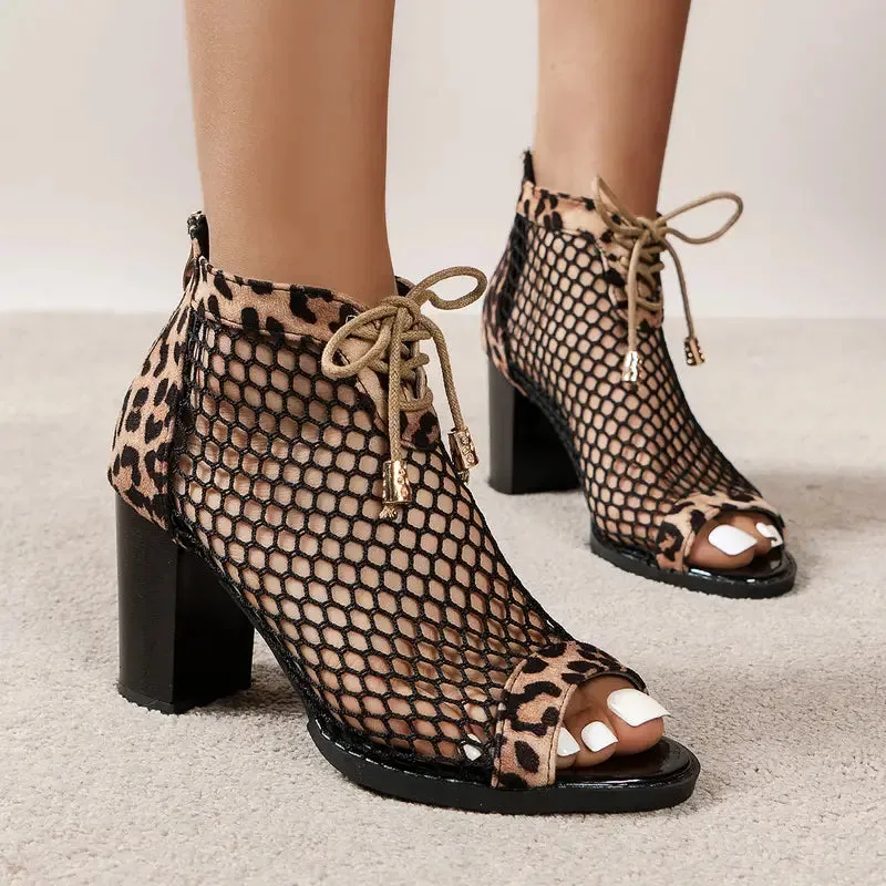 Sohiwoo Mesh Chunky Block High Heel Sandsls Peep Toe Pumps