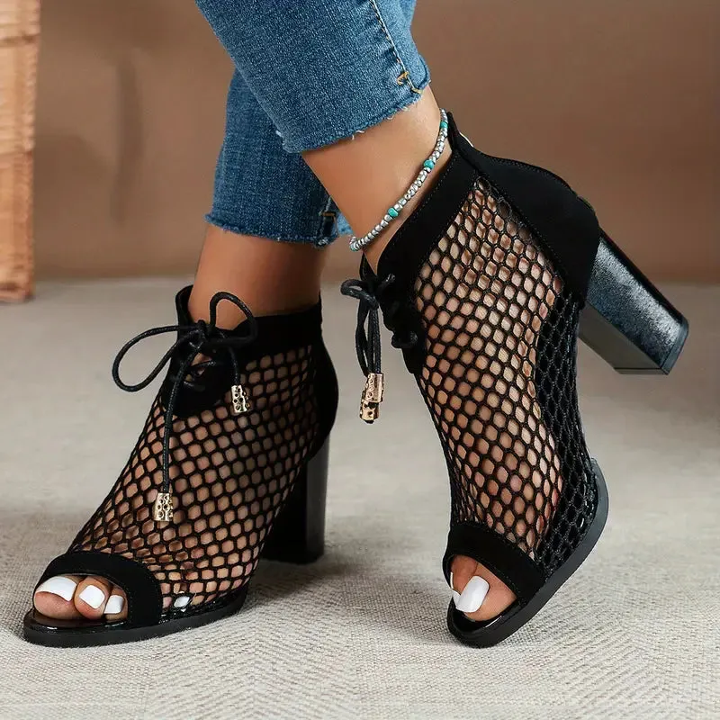 Sohiwoo Mesh Chunky Block High Heel Sandsls Peep Toe Pumps