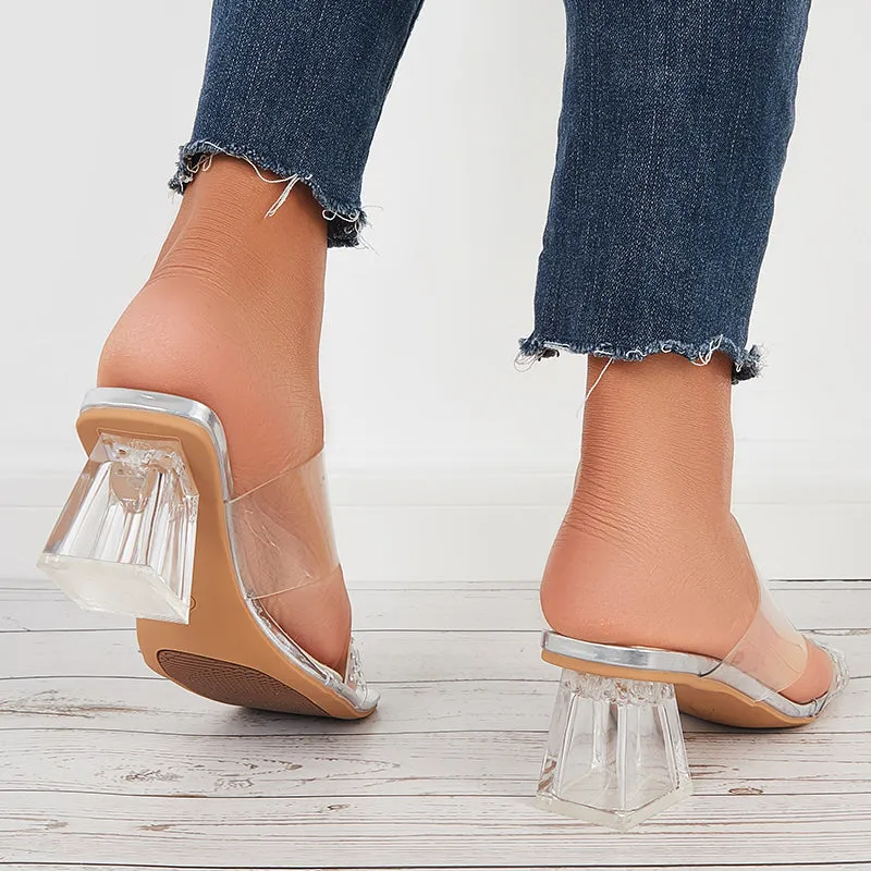 Sohiwoo Women Clear Heeled Sandals Transparent Strap Chunky High Heel Slides