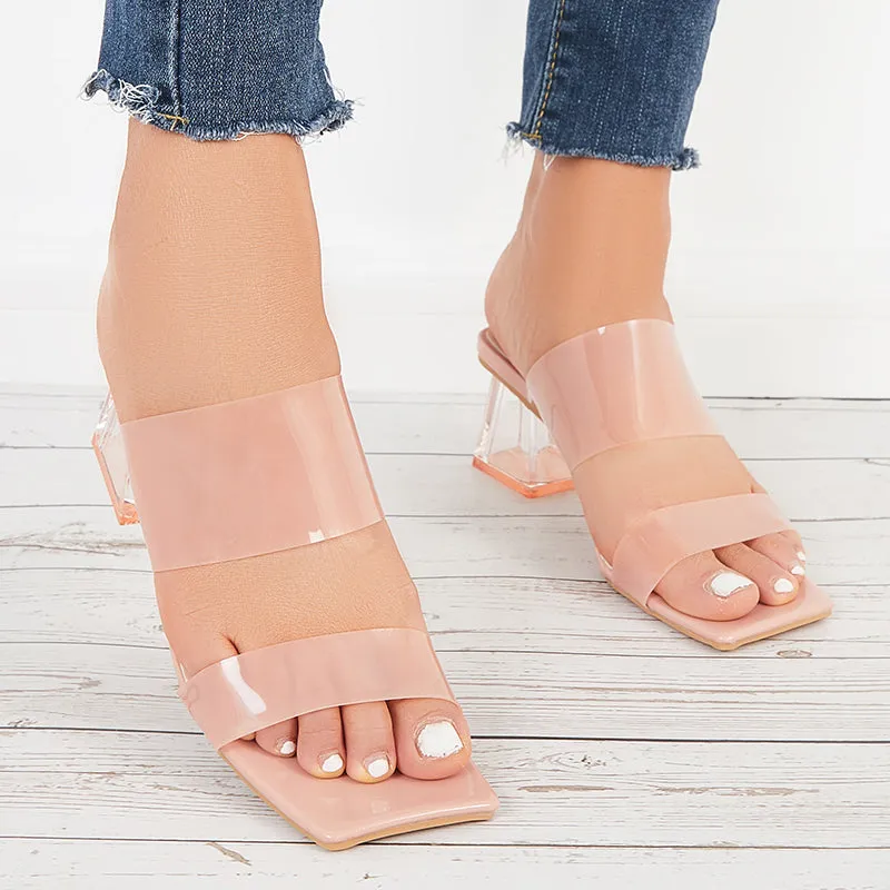 Sohiwoo Women Clear Heeled Sandals Transparent Strap Chunky High Heel Slides