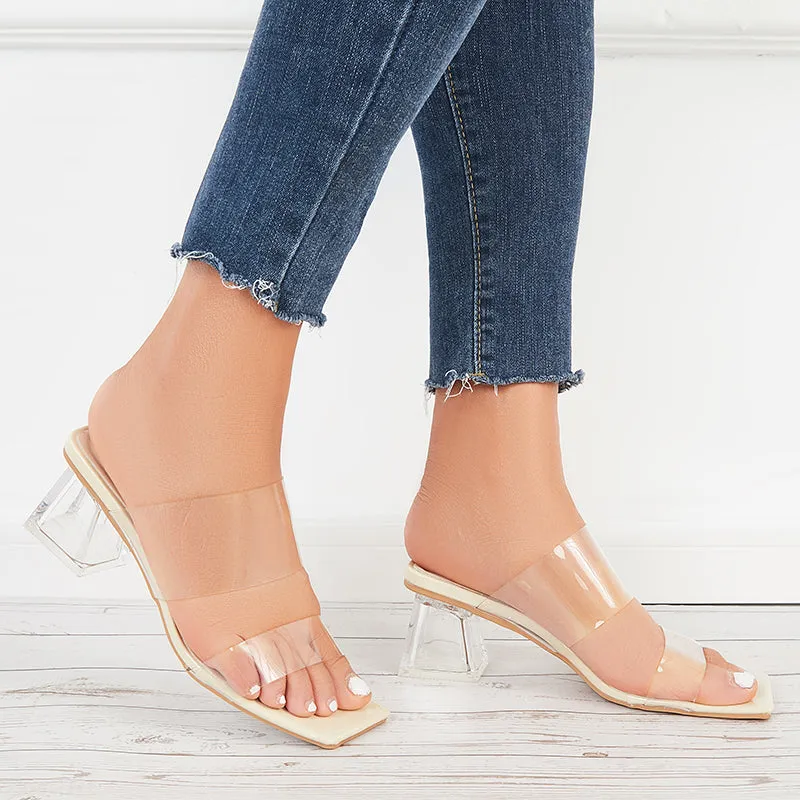 Sohiwoo Women Clear Heeled Sandals Transparent Strap Chunky High Heel Slides