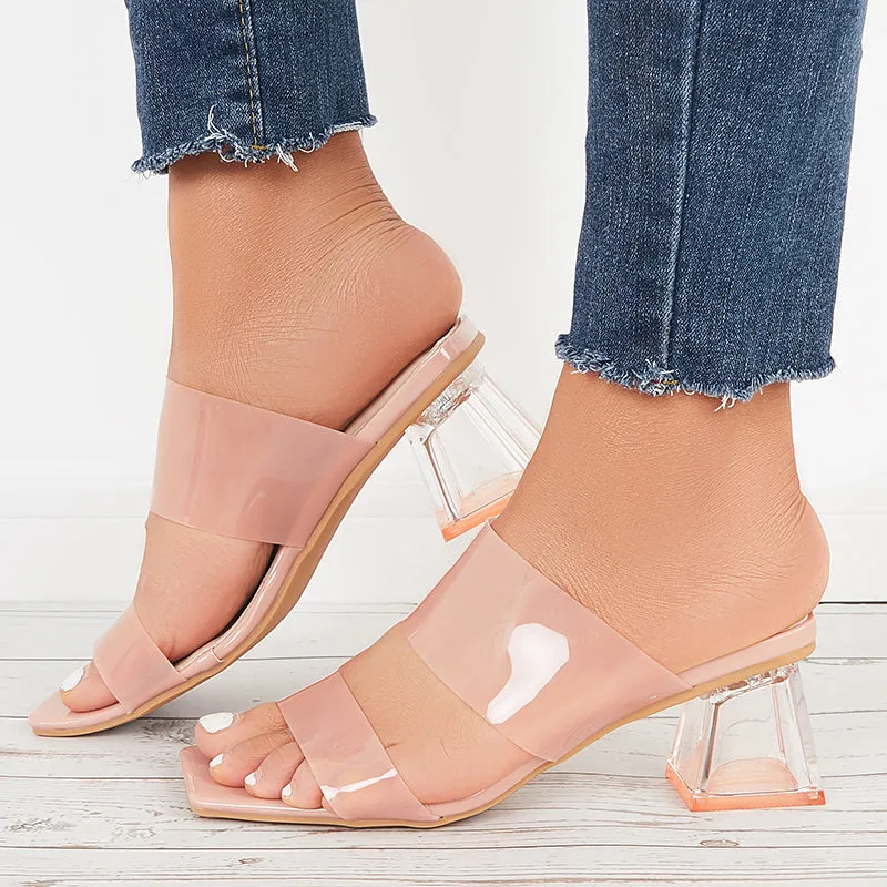 Sohiwoo Women Clear Heeled Sandals Transparent Strap Chunky High Heel Slides