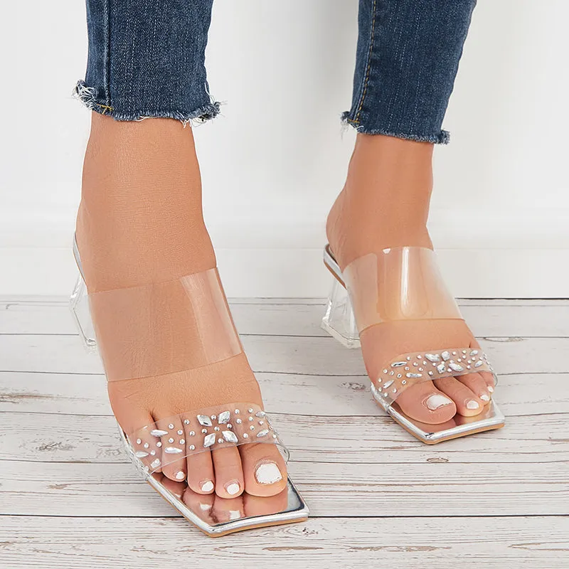 Sohiwoo Women Clear Heeled Sandals Transparent Strap Chunky High Heel Slides
