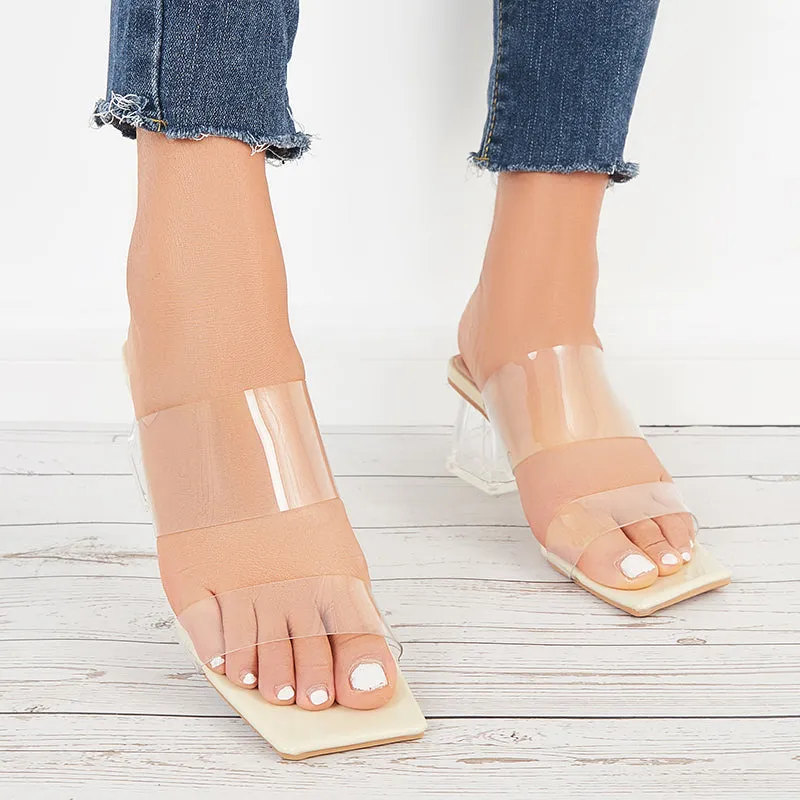 Sohiwoo Women Clear Heeled Sandals Transparent Strap Chunky High Heel Slides