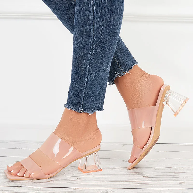 Sohiwoo Women Clear Heeled Sandals Transparent Strap Chunky High Heel Slides