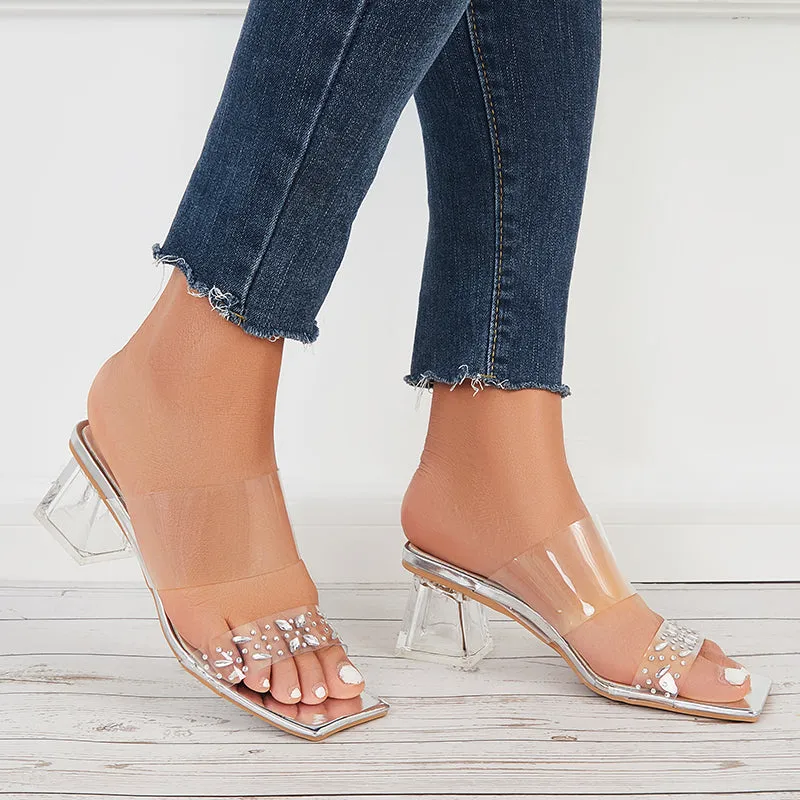 Sohiwoo Women Clear Heeled Sandals Transparent Strap Chunky High Heel Slides
