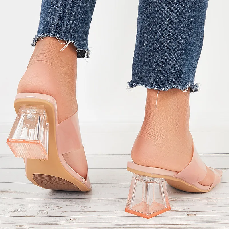 Sohiwoo Women Clear Heeled Sandals Transparent Strap Chunky High Heel Slides