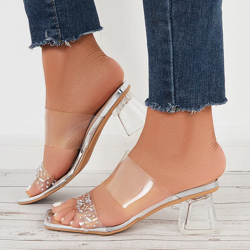 Sohiwoo Women Clear Heeled Sandals Transparent Strap Chunky High Heel Slides