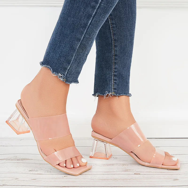 Sohiwoo Women Clear Heeled Sandals Transparent Strap Chunky High Heel Slides