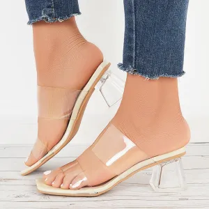 Sohiwoo Women Clear Heeled Sandals Transparent Strap Chunky High Heel Slides