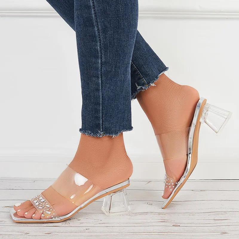 Sohiwoo Women Clear Heeled Sandals Transparent Strap Chunky High Heel Slides
