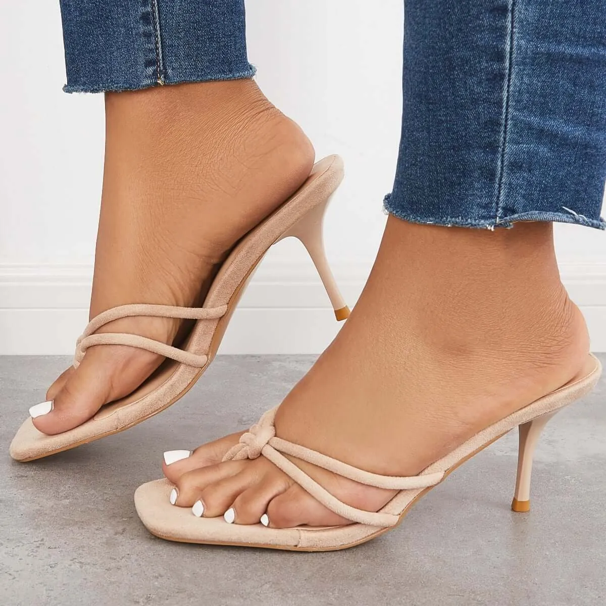Sohiwoo Women Square Toe Flip Flops Kitten Heels Slip On Slide Sandals