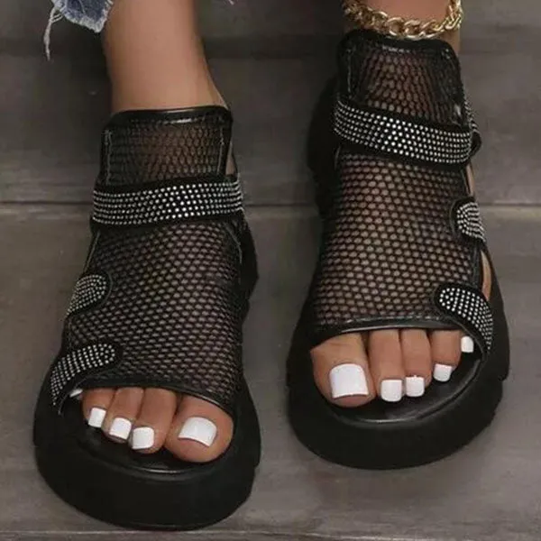 Sohiwoo  Women's Rhinestone Hollow-Out Velcro Solid Color Platform Sandals Casual Sandals