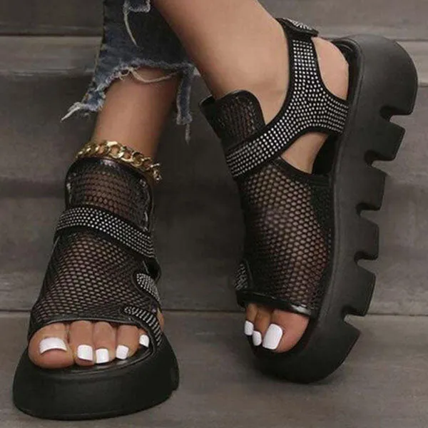 Sohiwoo  Women's Rhinestone Hollow-Out Velcro Solid Color Platform Sandals Casual Sandals