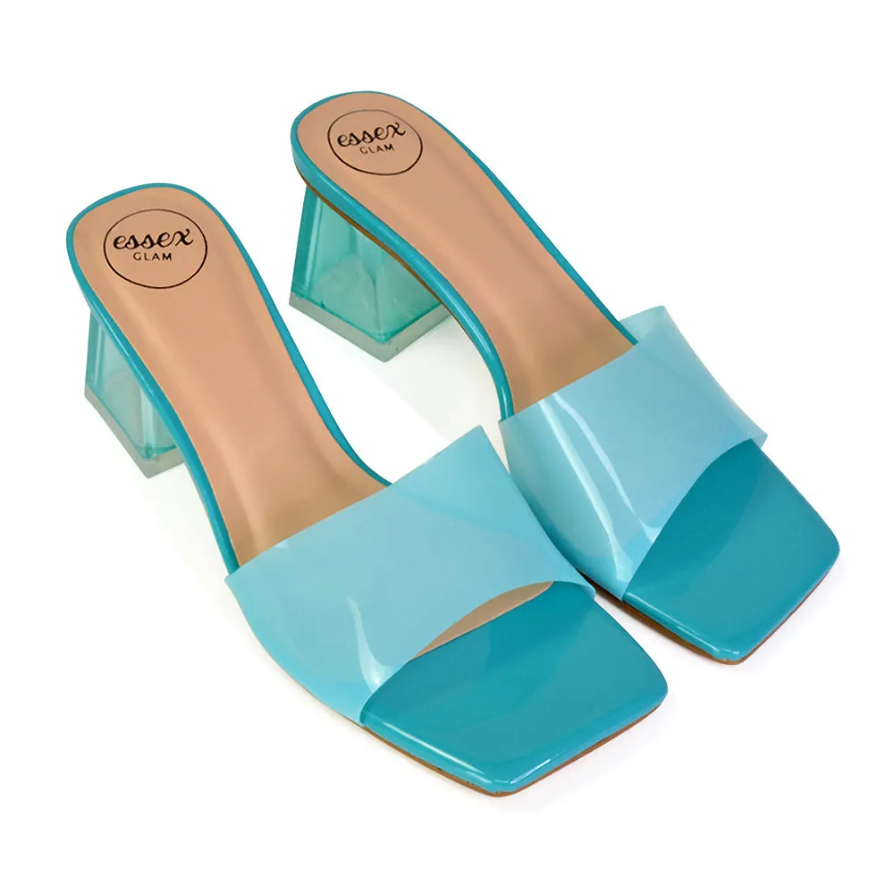 Strawberry Perspex Strappy Square Toe Clear Block Heel Mules in Blue