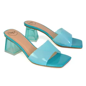 Strawberry Perspex Strappy Square Toe Clear Block Heel Mules in Blue