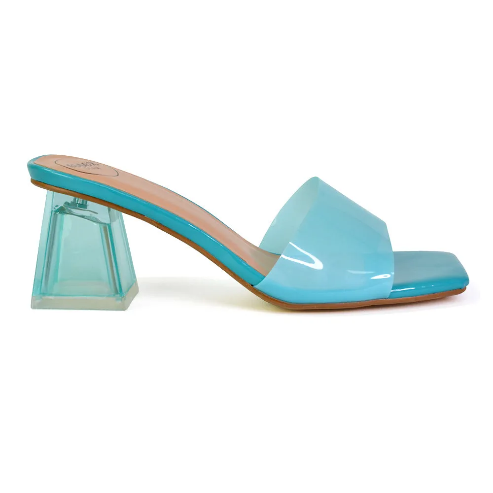 Strawberry Perspex Strappy Square Toe Clear Block Heel Mules in Blue