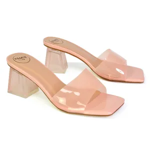 Strawberry Perspex Strappy Square Toe Clear Block Heel Mules in Pink