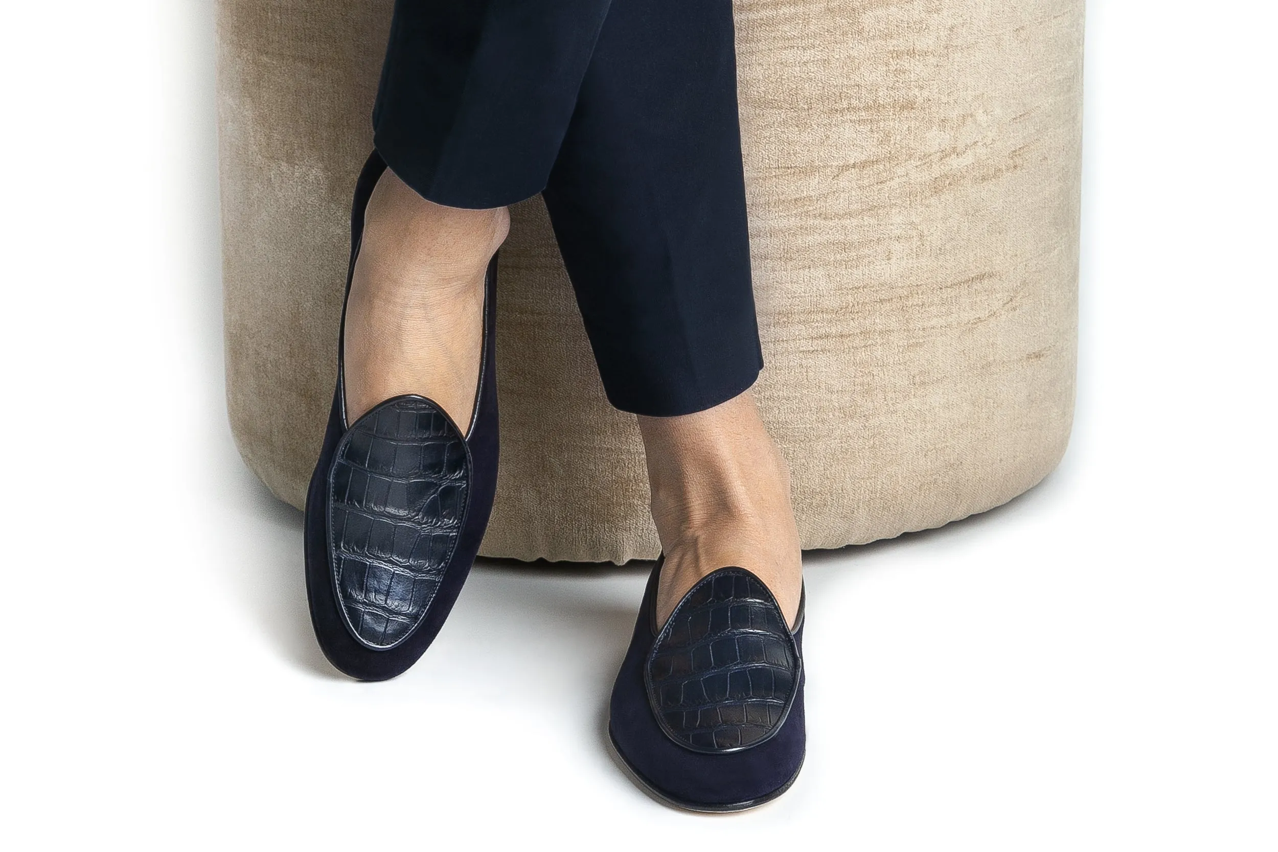TANGERINE CROCOSUEDE NAVY BELGIAN LOAFERS