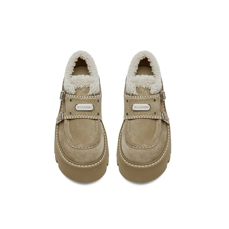 Thick Soled Fluffy Loafers Khaki