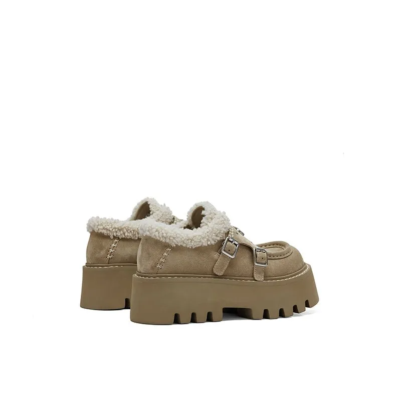 Thick Soled Fluffy Loafers Khaki