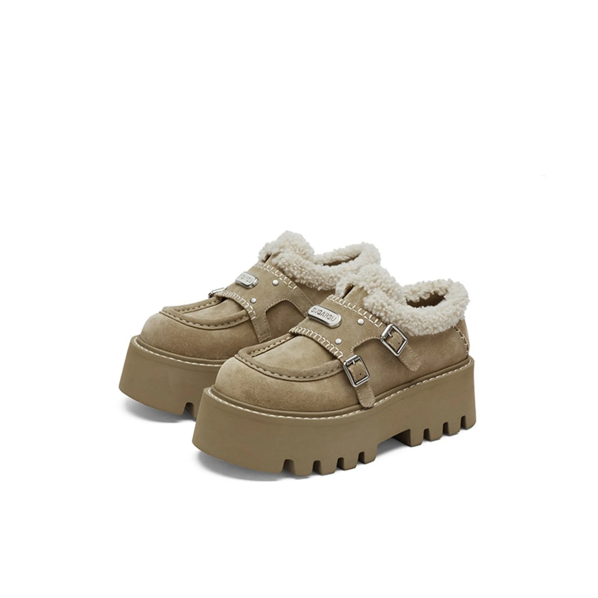 Thick Soled Fluffy Loafers Khaki