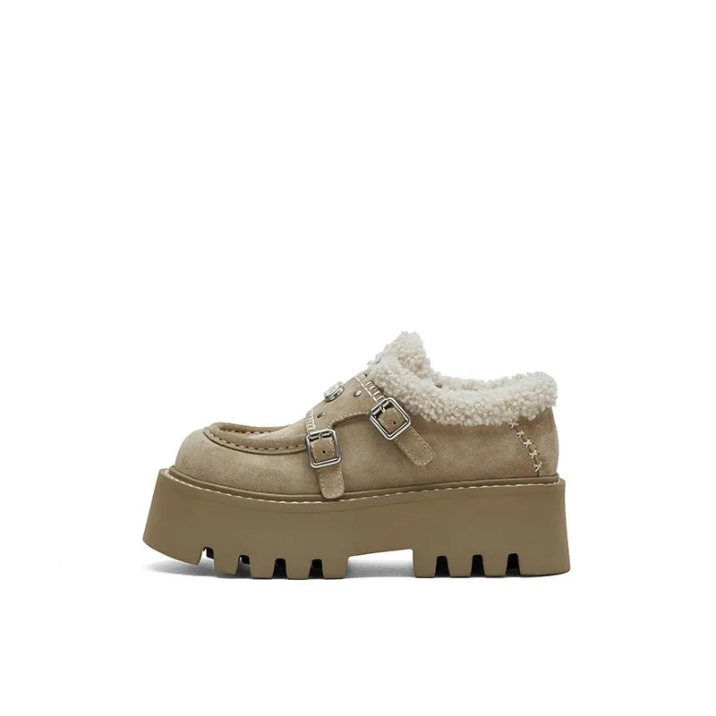 Thick Soled Fluffy Loafers Khaki