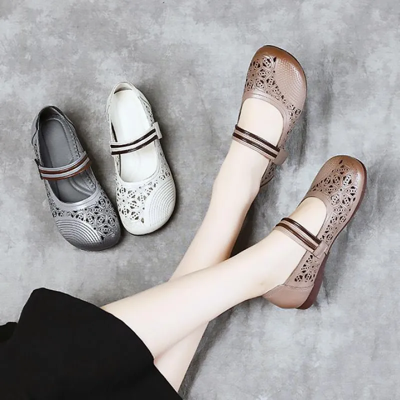 Turkish Cowhide Velcro Strap Round Toe Flats
