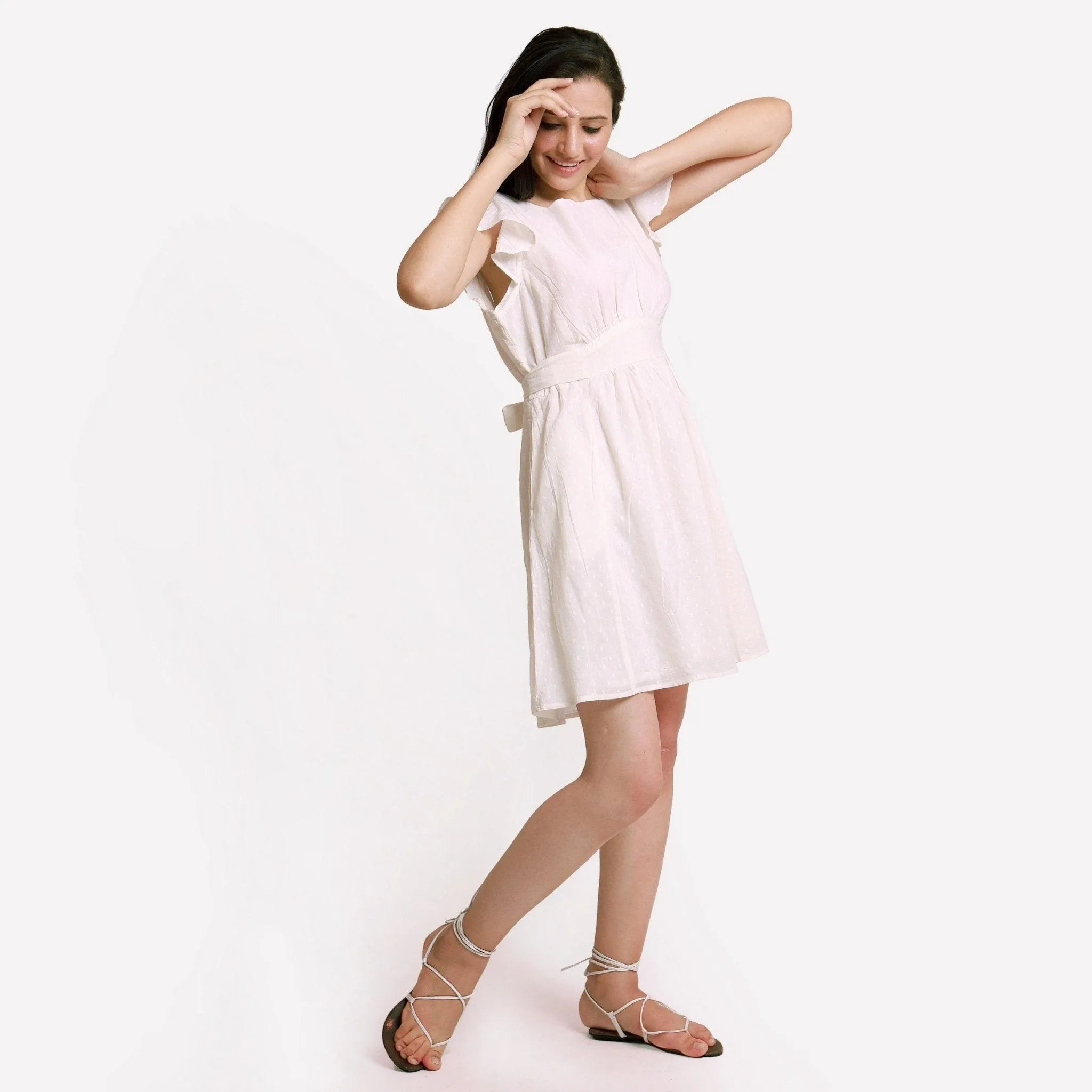 White Horseshoe Neck Cotton Princess Line Short Dress