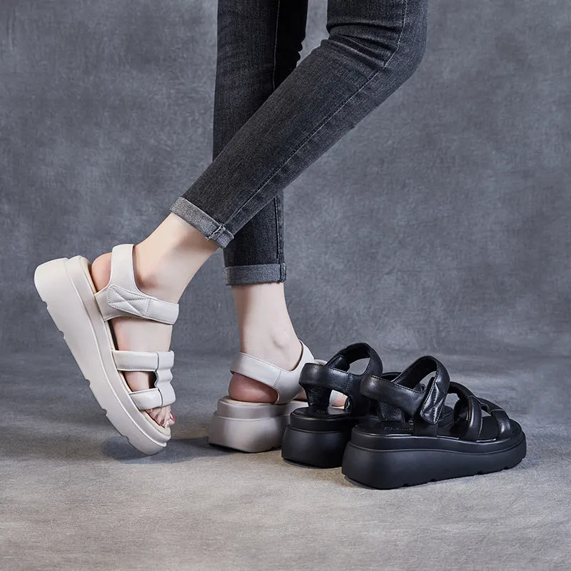 Women Leather Casual Velcro Wedge Sandals