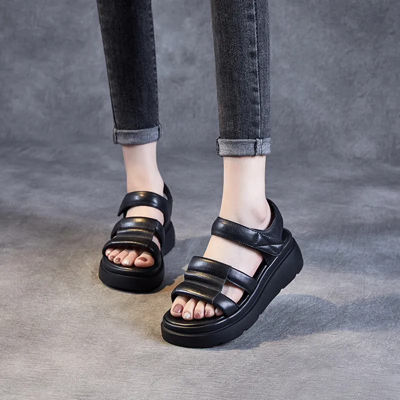 Women Leather Casual Velcro Wedge Sandals