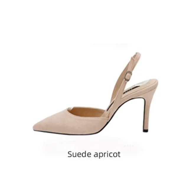 xiangtuibao  New style middle-heeled female summer Korean version of fashion nude high-heeled pointed leather hollow fine heel Baotou sandals