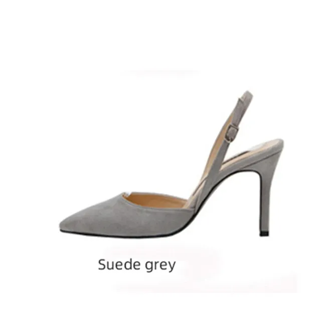 xiangtuibao  New style middle-heeled female summer Korean version of fashion nude high-heeled pointed leather hollow fine heel Baotou sandals