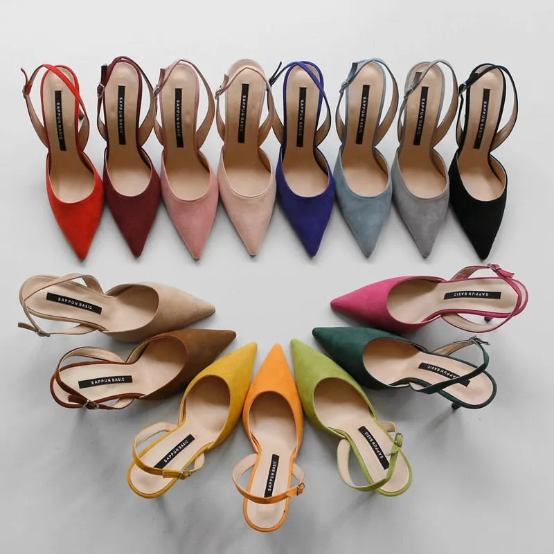 xiangtuibao  New style middle-heeled female summer Korean version of fashion nude high-heeled pointed leather hollow fine heel Baotou sandals