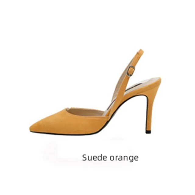 xiangtuibao  New style middle-heeled female summer Korean version of fashion nude high-heeled pointed leather hollow fine heel Baotou sandals