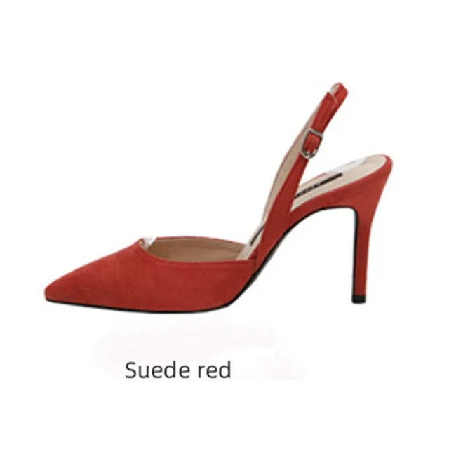 xiangtuibao  New style middle-heeled female summer Korean version of fashion nude high-heeled pointed leather hollow fine heel Baotou sandals
