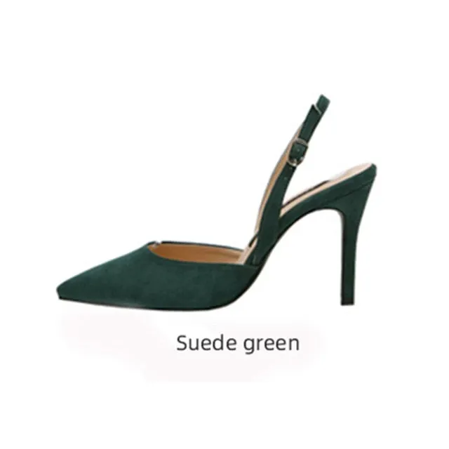 xiangtuibao  New style middle-heeled female summer Korean version of fashion nude high-heeled pointed leather hollow fine heel Baotou sandals