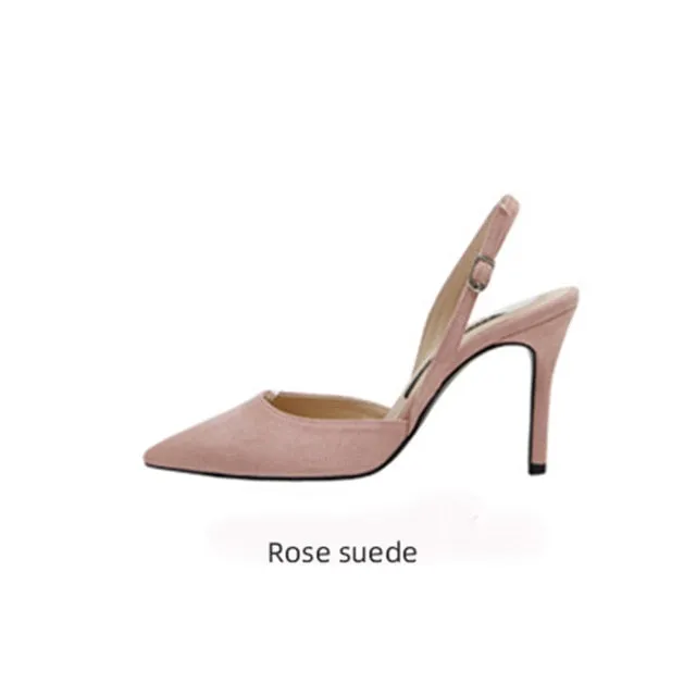 xiangtuibao  New style middle-heeled female summer Korean version of fashion nude high-heeled pointed leather hollow fine heel Baotou sandals