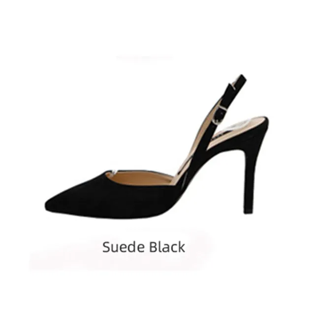 xiangtuibao  New style middle-heeled female summer Korean version of fashion nude high-heeled pointed leather hollow fine heel Baotou sandals