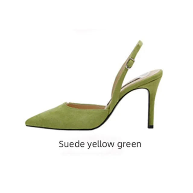 xiangtuibao  New style middle-heeled female summer Korean version of fashion nude high-heeled pointed leather hollow fine heel Baotou sandals